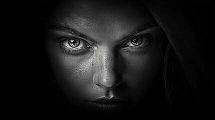 Wall Mural -   Black and white photo of woman with blue eyes under veil