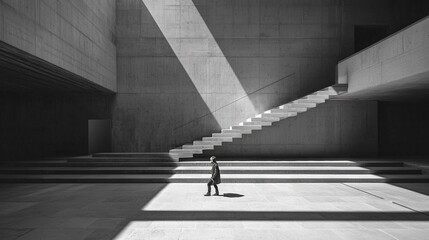 Wall Mural -   A monochrome portrait of someone standing in a grand hall with an ornate staircase ascending towards the vaulted ceiling