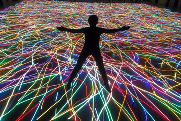 Wall Mural - artistic long exposure shot of a person standing in a kaleidoscope of colorful light trails symboliz