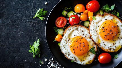   Two fried eggs on toast with tomatoes, cucumbers, and Parmesan cheese on a black plate