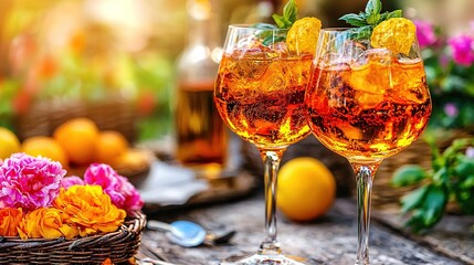 Wall Mural -   Two wine glasses sit on a nearby table, beside an orange-filled basket and pink bouquet