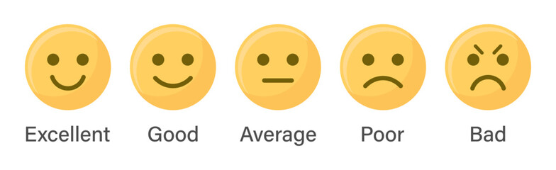 Aufkleber - Cute rating emoji set in yellow color for customer feedback or product experience with bad poor average good and excellent text. Emoji feedback scale. Rating emoji collection. Vector illustration.