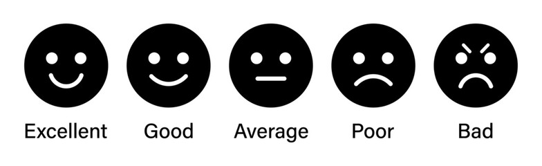 Aufkleber - Rating emoji set for customer feedback or product experience in black and white color. Five-star rating emoji icon set. Emoji feedback scale. Rating emoji collection. Vector illustration.