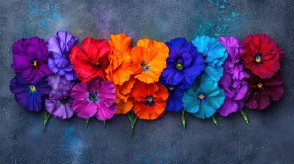 Wall Mural -   A rainbow of blossoms atop a slate surface alongside azure-and-white backdrop