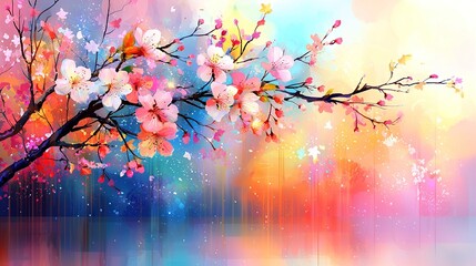 Wall Mural -   A painting depicts a flower-laden branch against a vibrant backdrop of blue, pink, yellow, and orange, with a hazy sky in the background