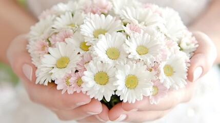 Wall Mural -   A white-dressed person holds a bouquet of white and pink daisies, captured in a close-up