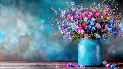 Canvas Print -  A blue vase, brimming with purple and blue blossoms, stands atop a wooden table against a backdrop of blue wall