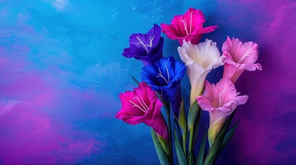 Wall Mural -   Blue and purple vase with flowers against blue and purple background