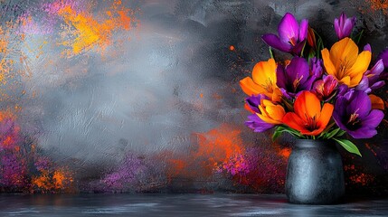 Wall Mural -  A vase brimming with purple and orange blossoms sits atop a table beside an orange and purple artwork