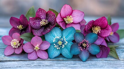 Poster -   A collection of vibrant blooms rests atop a wooden surface alongside a verdant foliage plant on the same table