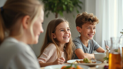 Three children are laughing and enjoying their meal at a dining table, sharing a joyful and carefree moment, reflecting the happiness and companionship in their friendship.