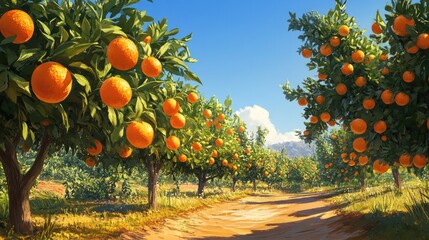 An orange orchard with trees laden with ripe oranges, set against a clear blue sky.