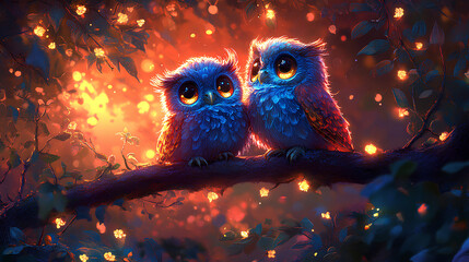 Poster - illustration of two cute colorful baby owls