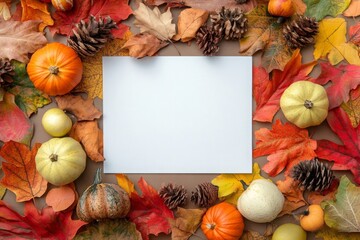 Autumn composition of maple leaves, walnuts, pine cones, and rectangular white paper. Flat lay, top view. Flat lay mockup for autumn Thanksgiving