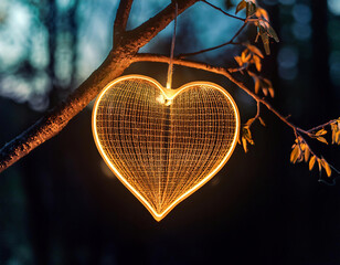 Wall Mural - Heart shaped light bulb on tree branch in the evening. Valentine's day concept.