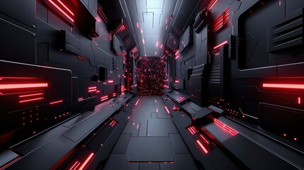 Futuristic corridor with red neon lights and dark metallic walls.