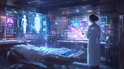 A medical professional using AI-driven diagnostic tools to examine a patient's condition, with holographic displays showing potential treatments and outcomes in a high-tech clinic