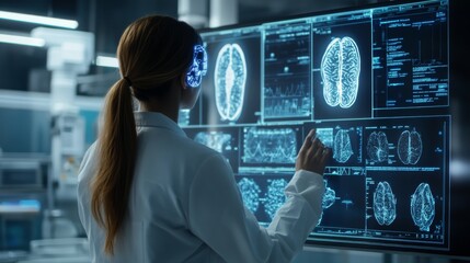 A medical professional using AI-driven diagnostic tools to examine a patient's condition, with holographic displays showing potential treatments and outcomes in a high-tech clinic