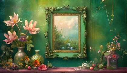 Poster - green frame with flowers