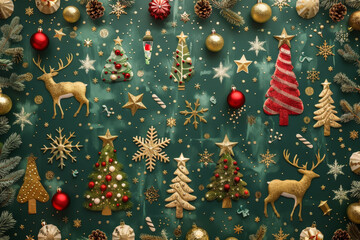 Golden reindeer and Christmas trees Christmas-themed pattern featuring golden reindeer, trees, and ornaments on a green background.