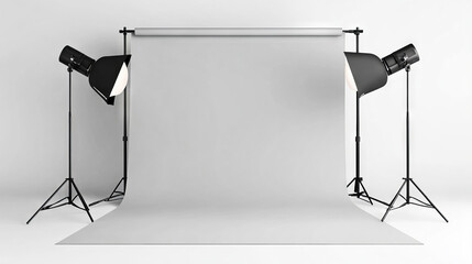 Wall Mural - a photo studio with a light gray backdrop and lighting equipment