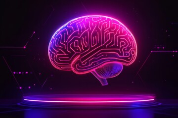 Wall Mural - a vibrant pink neon brain against a dark background symbolizing creativity modern technology and the