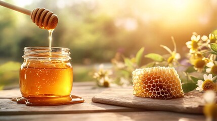 A vibrant shot of honey dripping from a honey dipper into a glass jar, with a close-up of fresh honeycomb placed beside it. The honey is shown with a rich, golden hue, creating a sense of warmth and