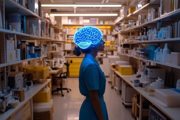 Sticker - A person with a glowing brain standing in a laboratory representing scientific research innovation and the exploration of human cognition in a high tech academic environment