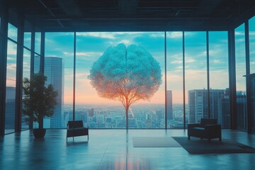 Sticker - A modern room with a tree like brain hologram symbolizing the connection between nature and technology digital growth and the harmony between the organic and the technological