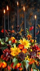 Canvas Print - A tall black candle holder with four candles in it surrounded by a colorful arrangement of flowers.