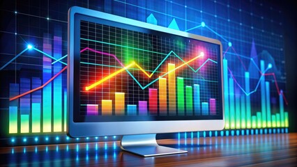 Colorful digital chart with growing trend lines, graphs, and metrics on a futuristic dashboard, illustrating business analytics and financial data on a modern computer screen.