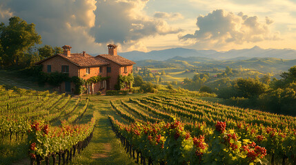 Wall Mural - Picturesque Farmhouse nestled amidst rolling vineyards at golden hour