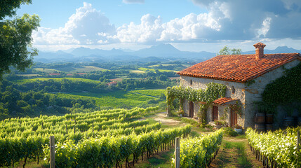 Wall Mural - Picturesque Vineyard with Rustic Farmhouse and Mountain Views: Perfect for Wine Country Marketing Materials.