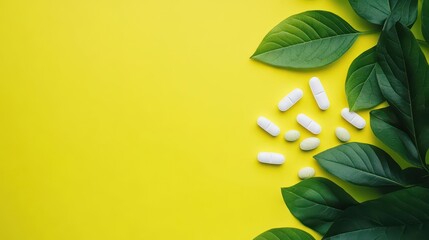 green leaves and pills on vibrant background natural medicine concept