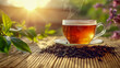 © danielkosh - Steaming cup of black tea rests on a bamboo table at sunset, surrounded by tea leaves and a natural backdrop
