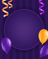 Wall Mural - Halloween holiday illustration striped wall background with purple round frame, ribbons and flying balloons