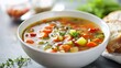 © Hybrid Theory - A detailed shot of a bowl of vegetable soup with a variety of colorful veggies like carrots, celery, and bell peppers. The soup is garnished with fresh herbs and served with a slice of whole-grain