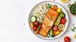 © Hybrid Theory - A stylish image of a protein-packed meal featuring a serving of baked salmon with a side of roasted vegetables and a portion of brown rice. The plate is arranged beautifully on a white surface with a
