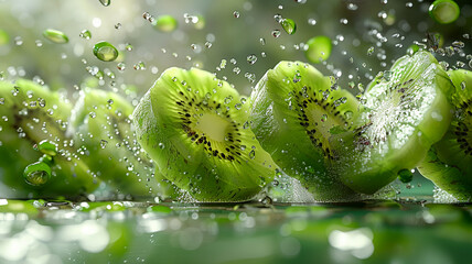 Wall Mural - Appetizing kiwi slices falling into the water