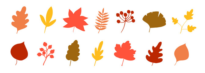 set of autumn leaves. fall maple tree leaf icon. foliage oak, yellow forest plant leaves. red autumn