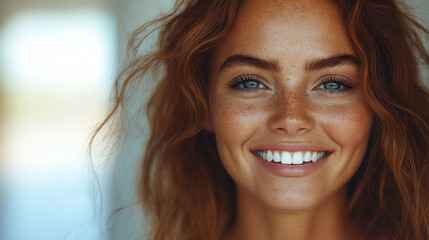 Radiant Portrait of a Freckled Woman with Bright Smile and Wavy Red Hair