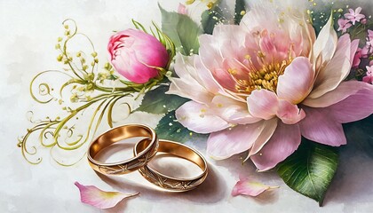 Wall Mural - wedding rings and flowers