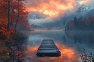 Sticker - Serene Autumn Sunset Over Mountain Lake with Wooden Dock