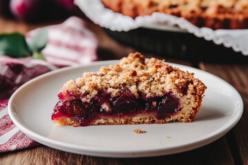 Sticker - Slice of fresh plum pie with crumbles topping on plate