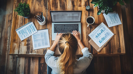 Woman Working on Laptop at Wooden Desk with Documents