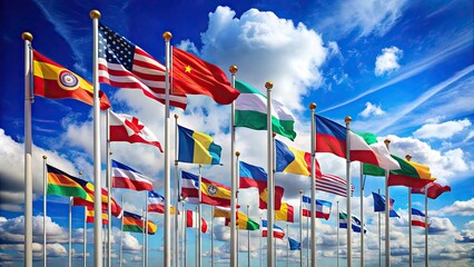 Colorful national flags of various countries waving in the wind, set against a bright blue sky with fluffy white clouds, isolated on a white background.