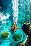 Fototapeta Dinusie - Airplane flying low over the tropical ocean with trailing wake. 