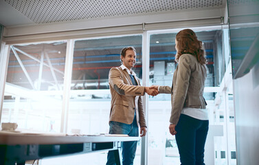 Wall Mural - Handshake, meeting and business man and woman in office for teamwork, collaboration and partnership. Corporate, professional and workers shaking hands for agreement, job interview and onboarding