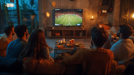 Friends Watching a Soccer Match on TV in Cozy Living Room