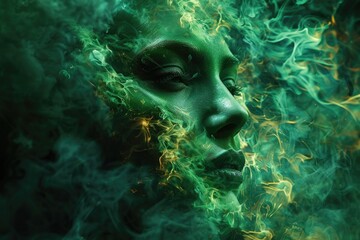 A face half-consumed by green flames, representing burning jealousy, set against a dark, ominous background